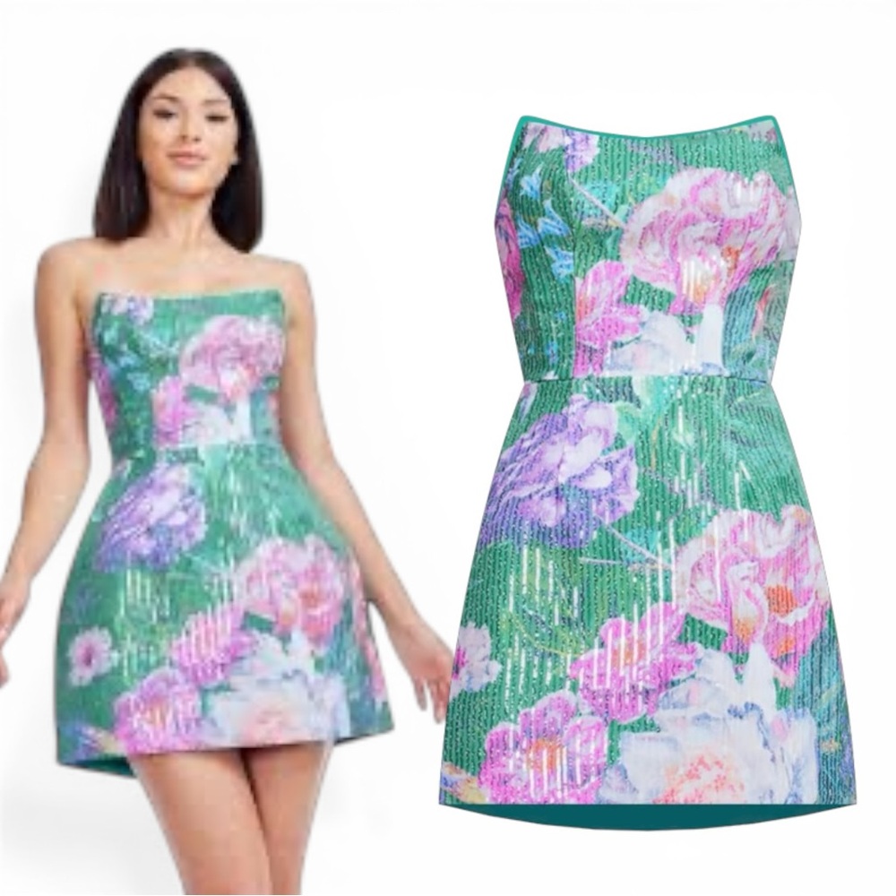 Dress The Population Amity Sequin Floral Strapless Mini Dress Size L NWT
